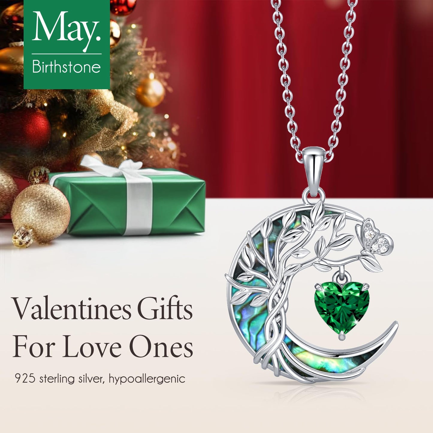 Distance Tree of Life Birthstone Necklace for Women, S925 Sterling Silver Premium Abalone Shell Moon Pendant May Heart Birthstone Necklace, Emerald Jewelry Christmas Birthday Gifts for Her Mom Wife
