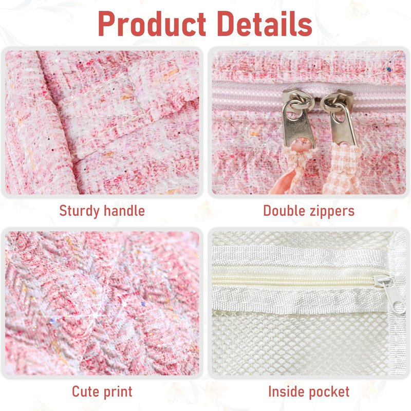 Large Makeup Bag Floral Cosmetic Bag Quilted Flower Travel Makeup Toiletry Bags Set Organizer Cotton Cute Make Up Accessories Zipper Bags Pouch Travel Essentials Gifts for Women Teen Girls Pink