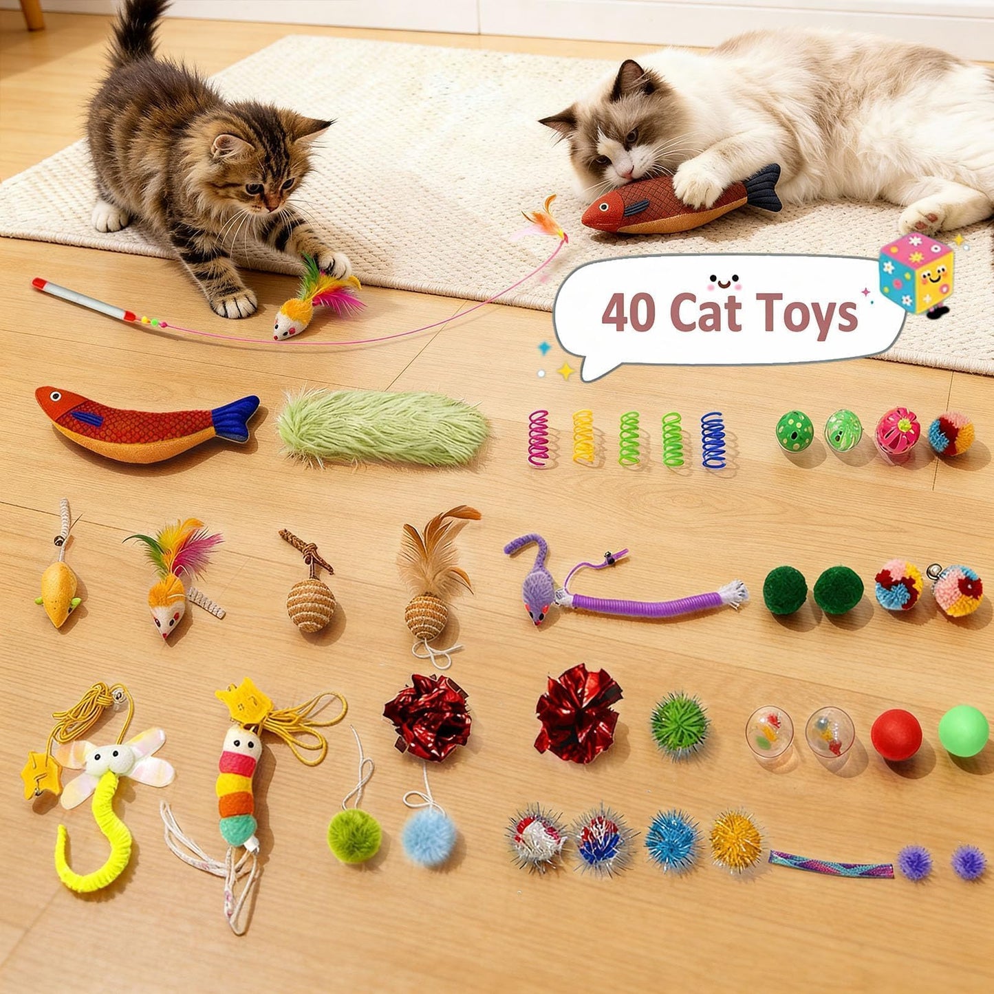 MOYMO 41 Pcs Interactive Cat Toys for Indoor Cats, Kitten Toys with Soft Pillow, Catnip Toys, Chew Rope, Feather Wand, Springs and Balls for Indoor Kittens