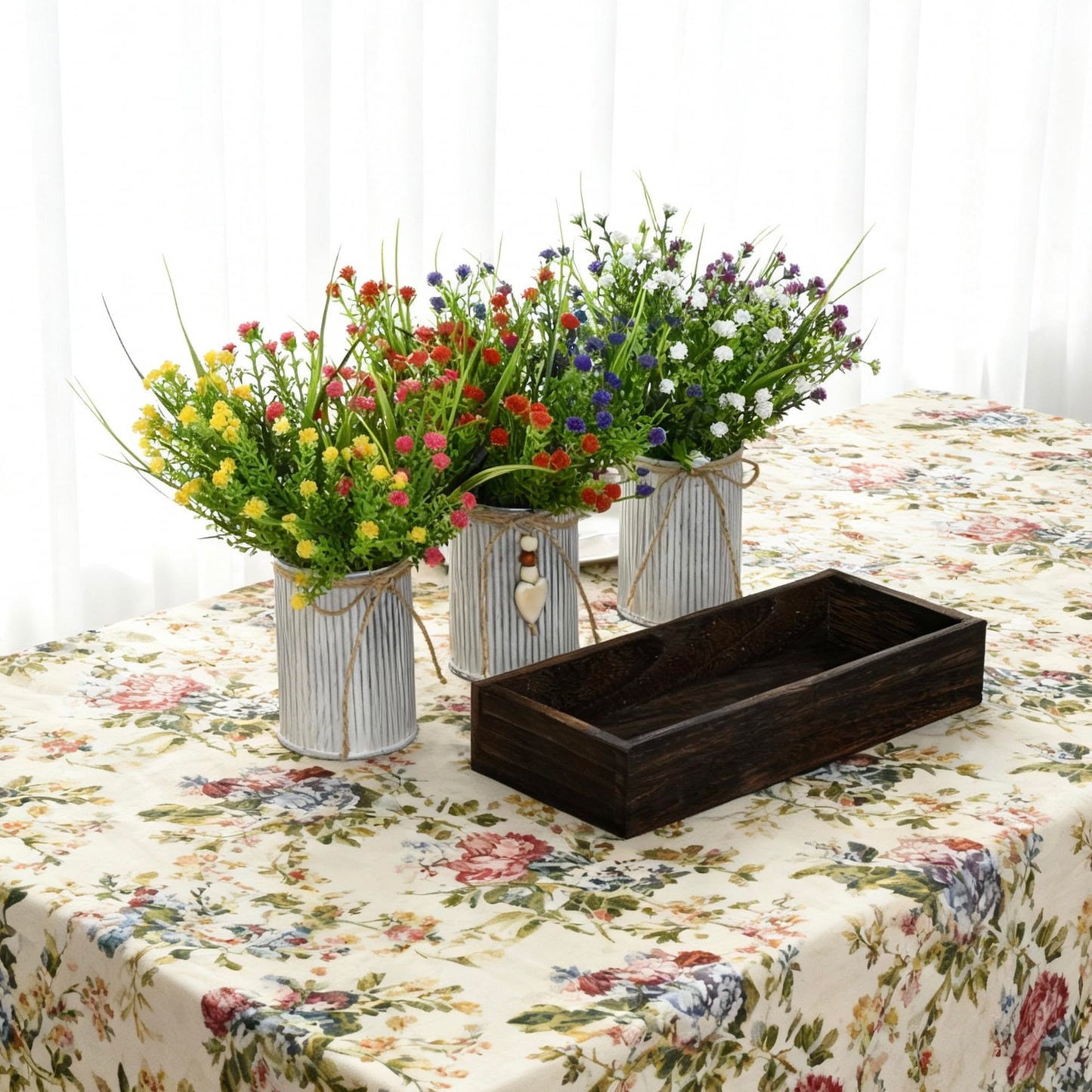 CANCLEAR Artificial Baby’s Breath (Gypsophila) Centerpiece — 3-Metal-Pot Rustic Table Decor on Wooden Tray, Faux Gypsophila Bouquet for Home, Wedding, Party, Living Room & Dining Table Decor