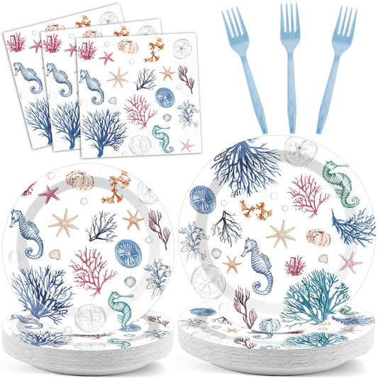 96Pcs Seashell Party Supplies Ocean Beach Birthday Plates and Napkins Blue Coastal Seashell Tableware Beach Disposable Dinnerware for Wedding Baby Shower Birthday Party Decorations for 24 Guests