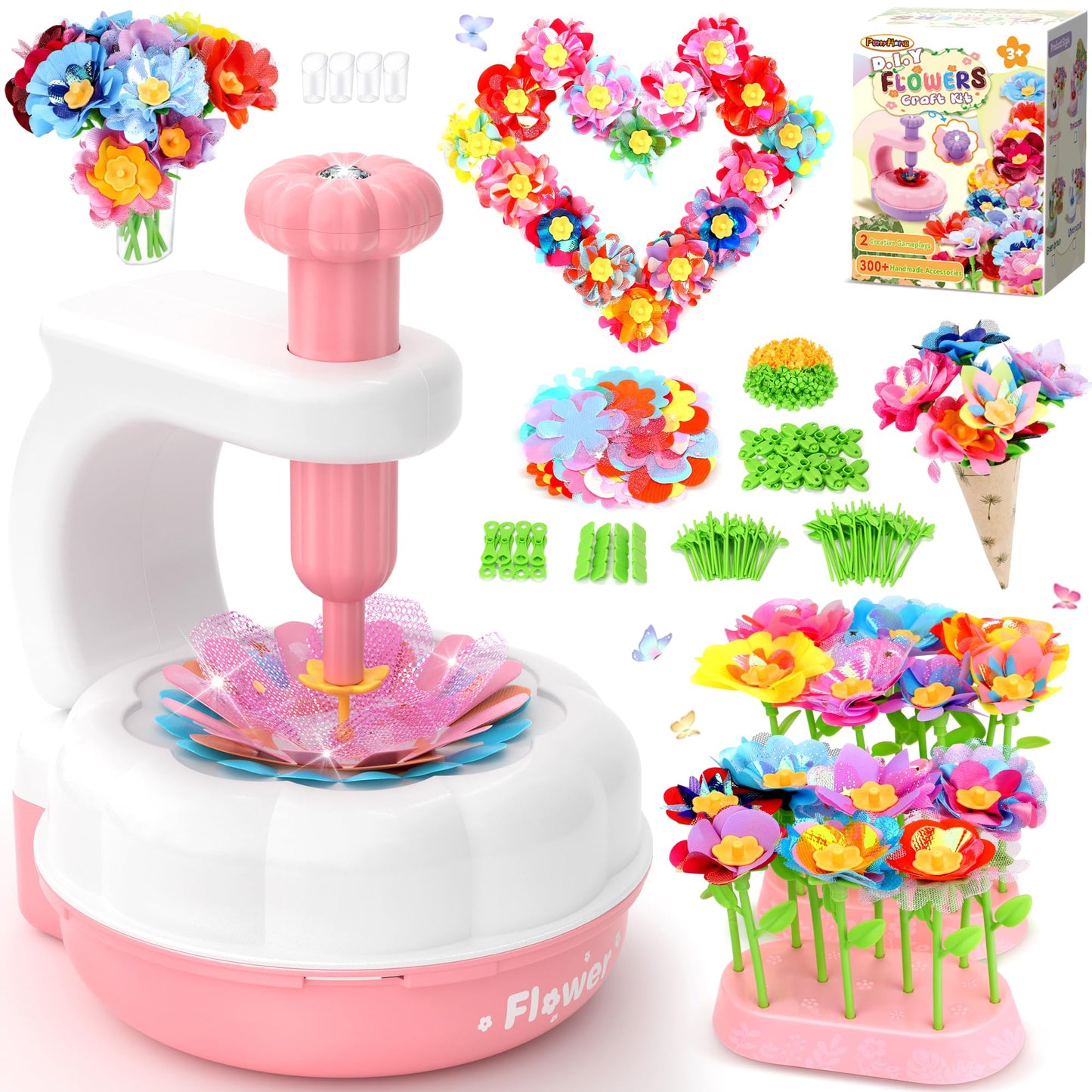 PERRYHOME Fabric Flower Bouquets Toys, 300+ Pcs Birthday Gift Activity Kit, 2 Gameplays STEM Craft for Kids, Reusable DIY Bouquets Maker Mothers Day Gifts for 3 4 5 6 7 8 Years Toddler Girl Gift