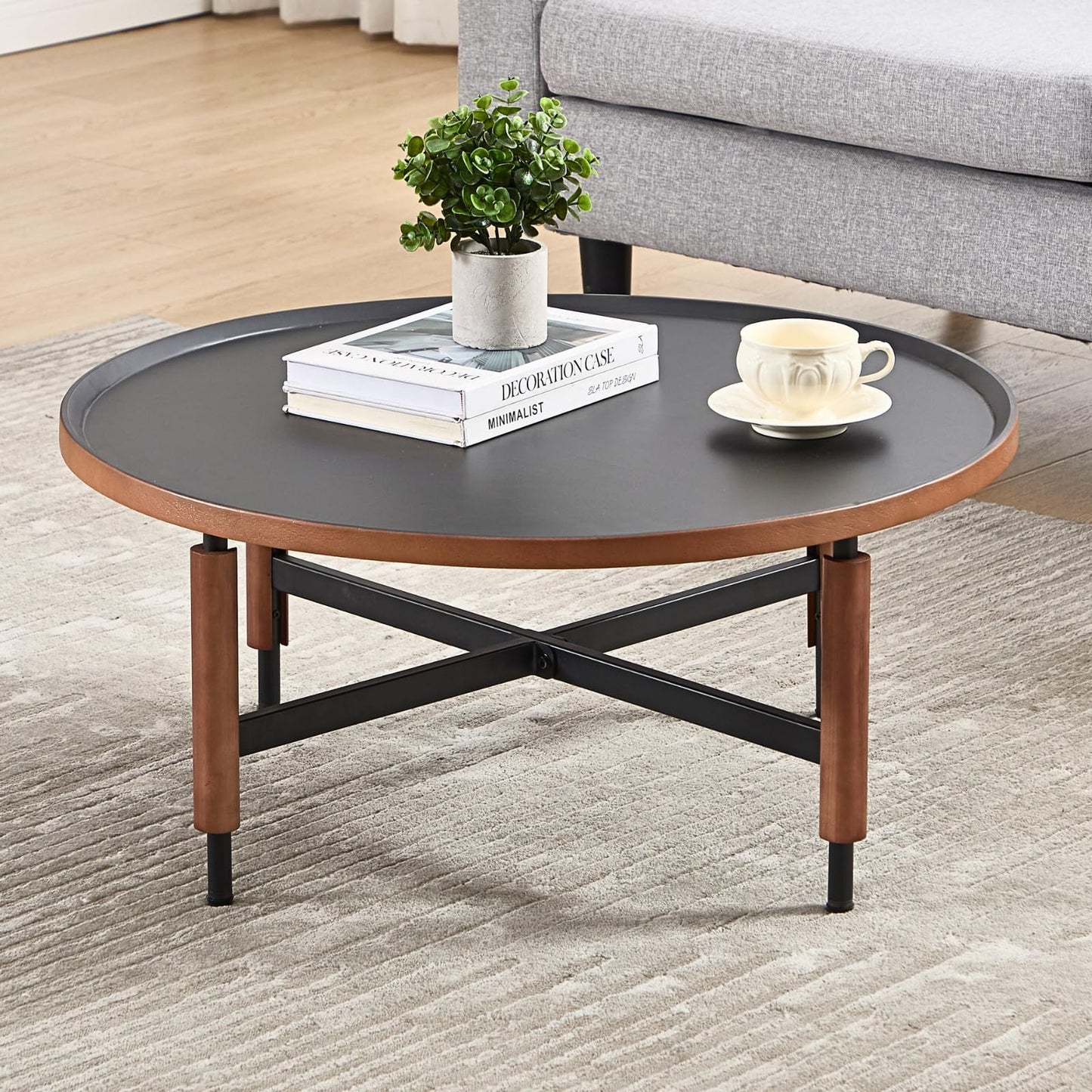 LukeAlon Modern Round Coffee Table for Living Room - Circle Wooden Table Top with Black Cross Legs Base, Rustic, Vintage, Easy Assembly, Black(31" D x 31" W x 13.5" H)