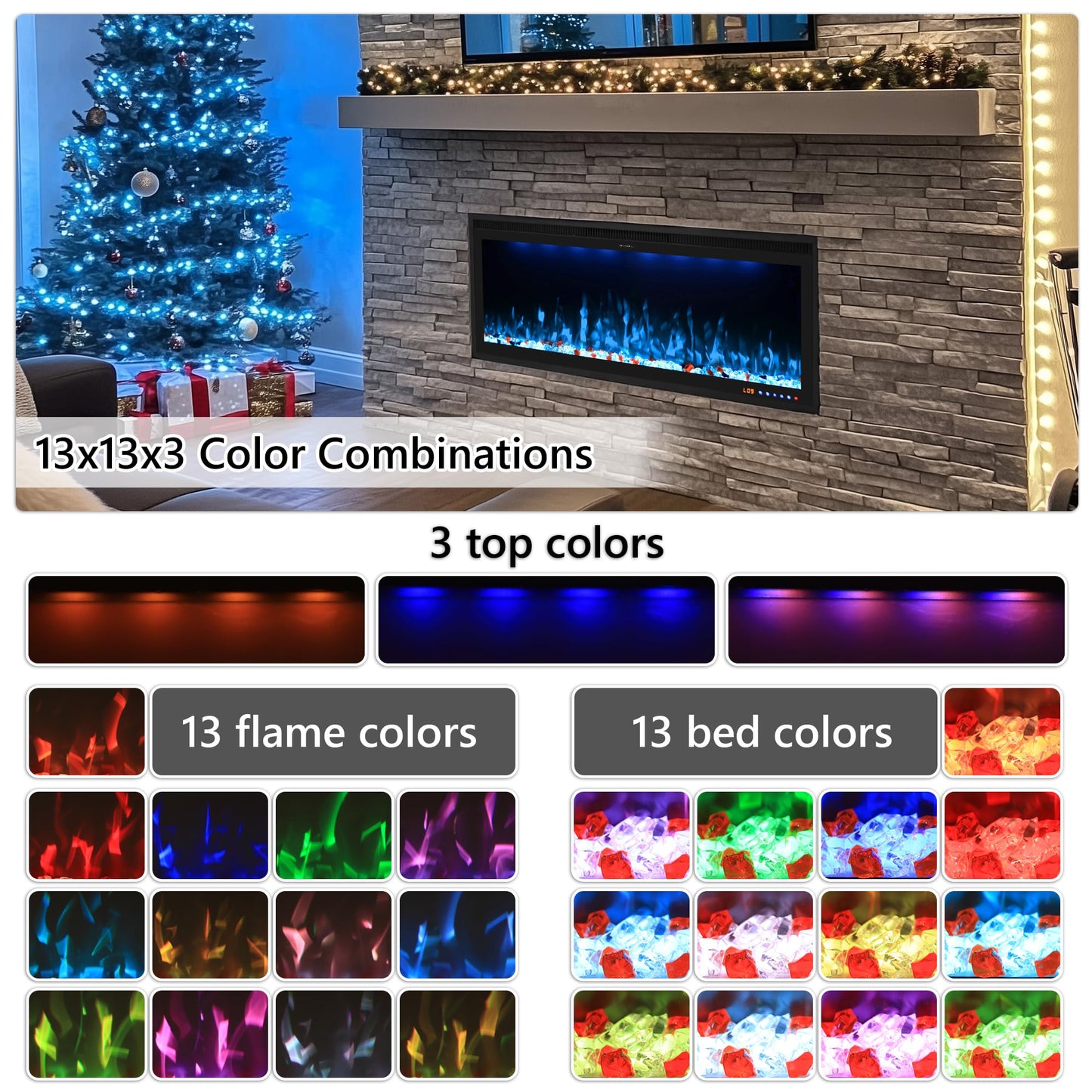 Valuxhome 42 inch Electric Fireplace Heater with App & Remote Control, Recessed and Wall Mounted Electric Fireplace, 1-9H Timer, 13 * 13 * 13 Color Combinations, Screen Touch, 1500/750W