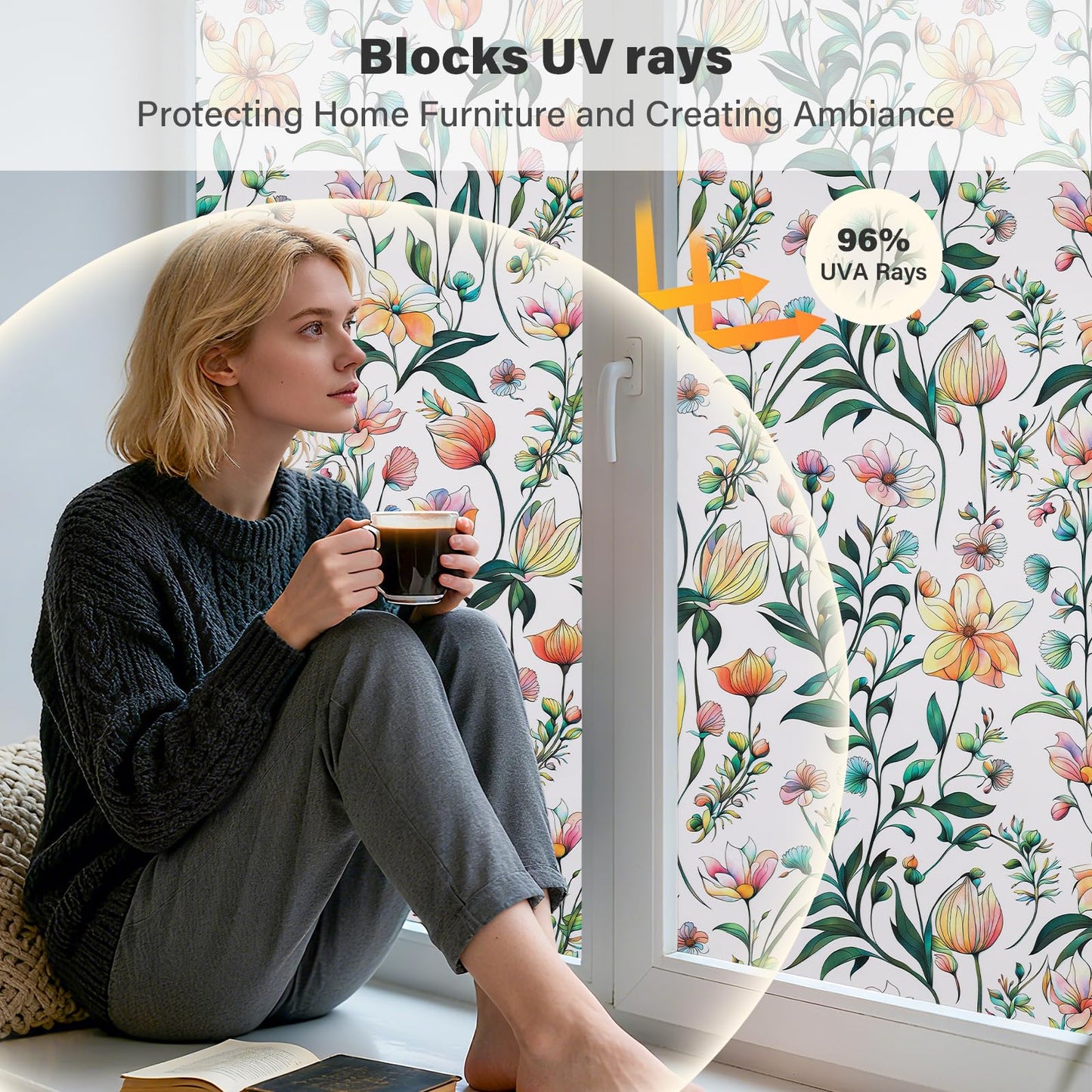 Donox Window Privacy Film, Frosted Stained Glass Window Films, Static Cling Non-Adhesive Decorative Windows Sticker for Front Door Bathroom, Heat Control Anti UV(35.4 x 157.4 inches)