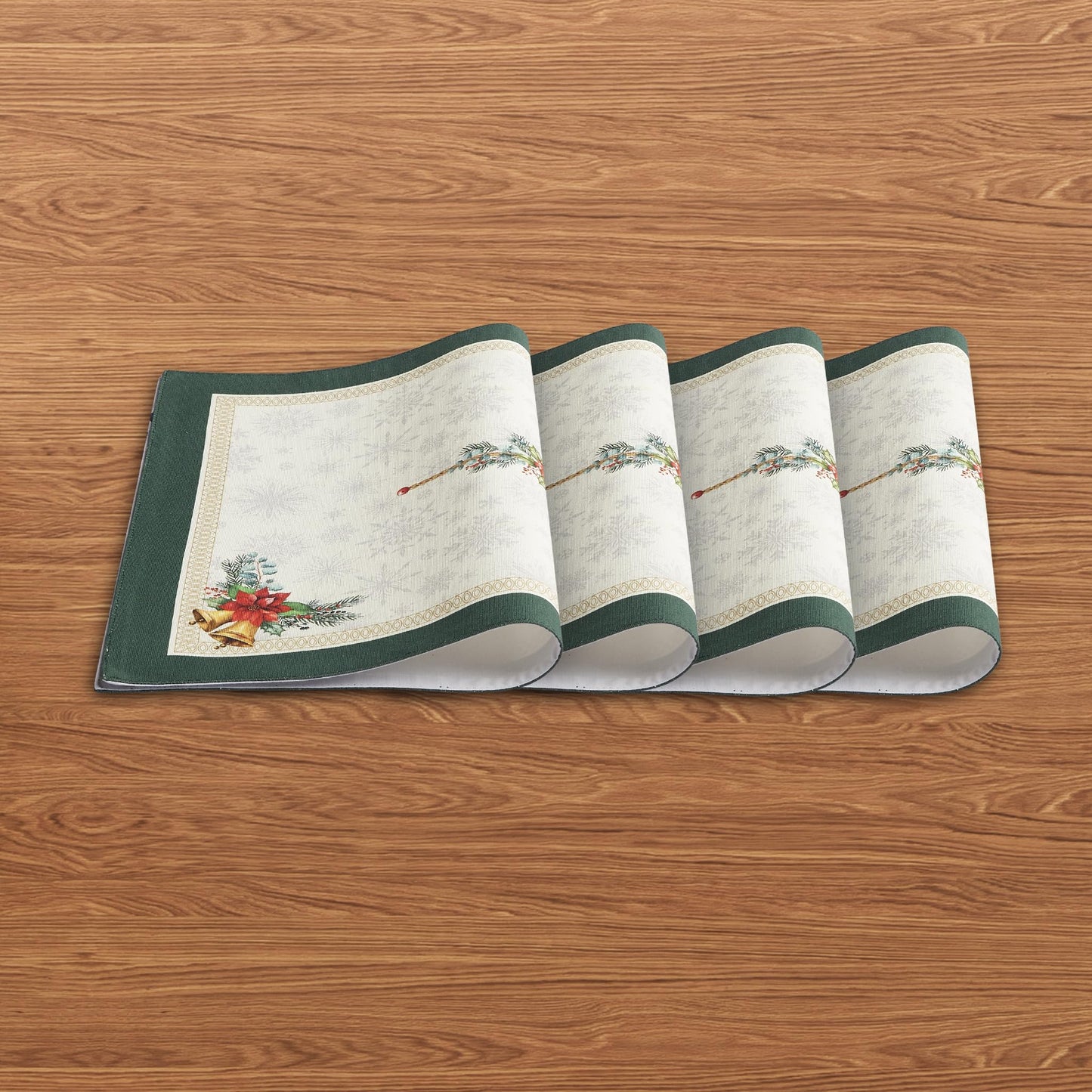 Christmas Placemats Set of 4 – 100% Canvas Cotton, Green Gold & White Floral Screen Print, Holiday & Winter Table Mats, 14x19 Inch, Washable Reusable, Gift-Boxed Sustainable Dining & Kitchen Christmas
