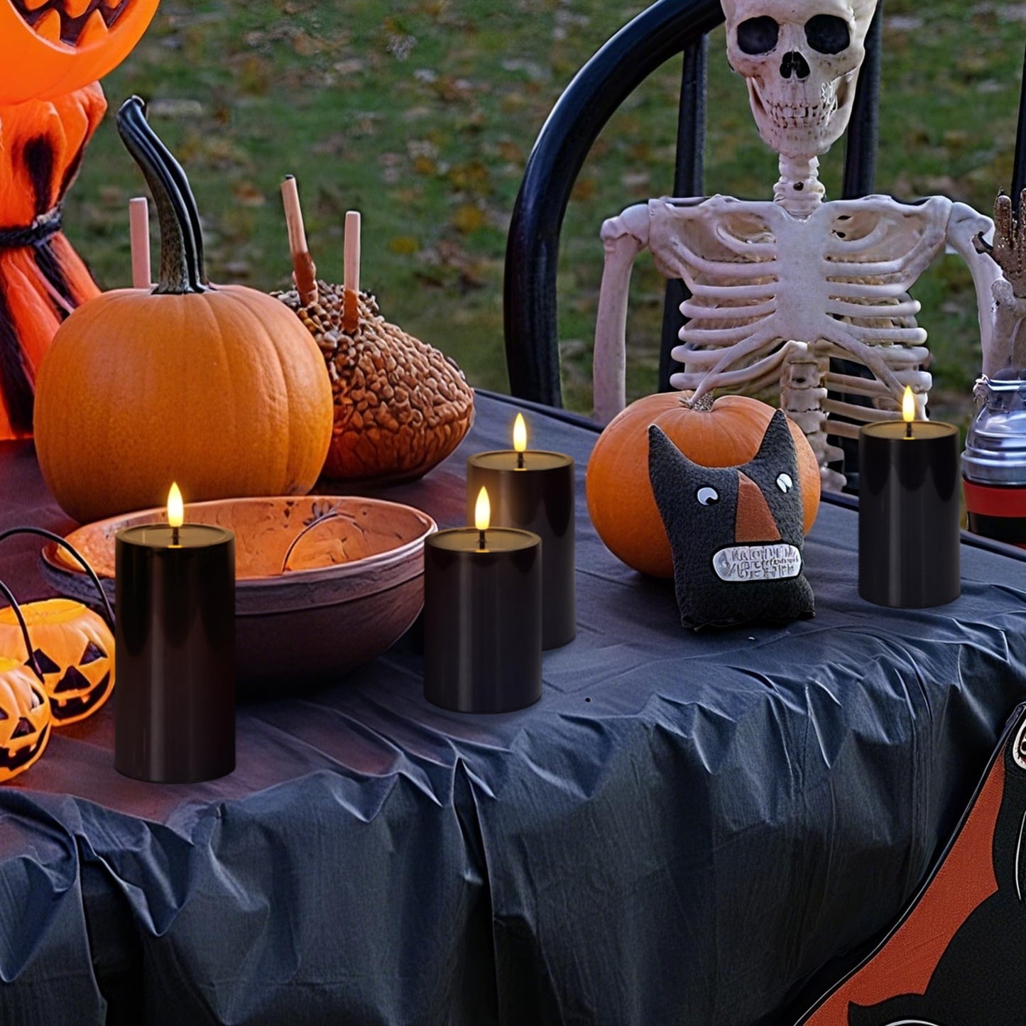 Mavandes Solar Powered Waterproof Flameless Pillar Candles with Candle Grease, Flickering Dusk to Dawn Battery Operated Pack of 4 Black Plastic LED Outdoor Lighting Halloween (3" x 4"" 5"" 5"" 6"")"