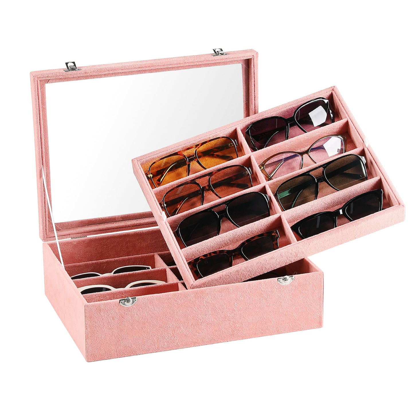 Frebeauty 16 Slots Sunglasses Organizer,2 Layer Velvet Sunglasses Tray with Glass Lid,Multiple Pairs Sunglass Display Case for Man or Woman,137 * 10.25 * 4.1 Inches Eyeglass/Eyewear Box (Pink)