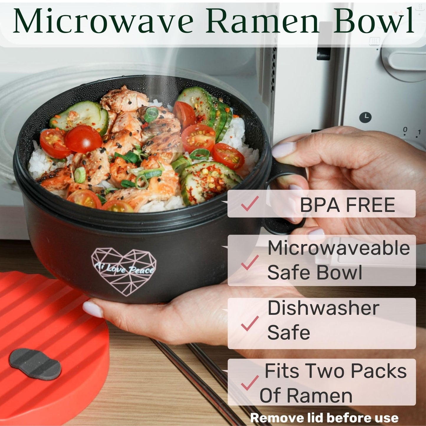 AI LOVE PEACE Ramen Bowls, 40 oz Large Microwavable Noodle Bowls (1 Blue, 1 Red) with Chopsticks, Sporks, and Utensil Bag, Portable Microwave Bowl for Home, Office, Dorm, or College Gift.