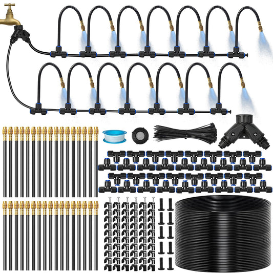 160Ft 1/4" Drip Irrigation System for Garden – 34 Adjustable Copper Nozzles, Automatic Atomizing Sprinkler System for Outdoor Plants Raised Bed, Yard, Potted Plants & Lawn
