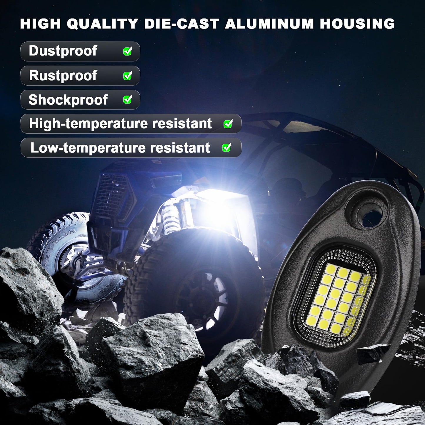 Rock Lights for Trucks-24Chip High Power 6000k Pure White, 15FT Cable Each Light, Aluminum Case, Waterproof IP68 Underglow Lights for Cars Jeep UTV ATV(16 PCS)