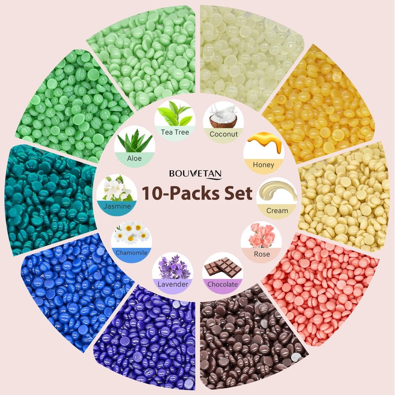 Bouvetan Wax Beads for Hair Removal, 2.2lb/1000g Hard Waxing Beans for Full Body, Brazilian, Bikini, Face, Eyebrows, Home Wax Refill for Women & Men, Pack of 10 with Pre & Post Oil