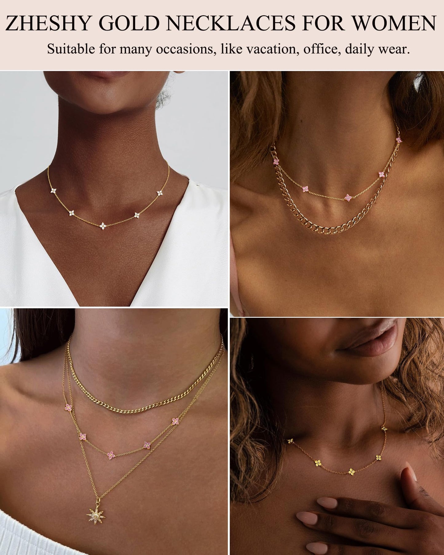 ZHESHY Birthstone Gold Necklace for Women Dainty Non Tarnish 14K Gold Plated Clover Necklaces Pink CZ Station Choker Necklace Birthday Gifts Womens Gold Jewelry