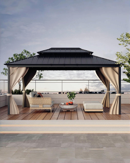 12x16 ft All-Weather Hardtop Gazebo with Double Metal Roof & Aluminum Frame – Permanent Outdoor Shelter with Net & Curtains for Patio, Deck, Backyard, Lawn, and Garden