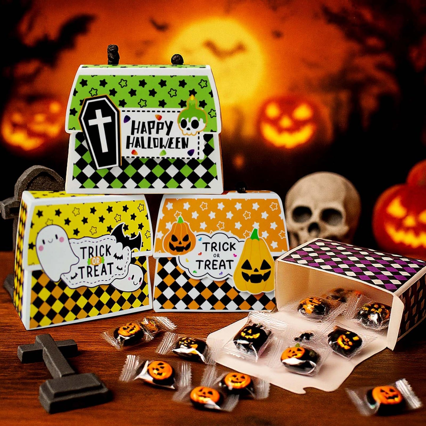Halloween Treat Boxes with Handles, 4 Pack Trick or Treat Candy Bags for Kids, Pumpkin Ghost Witch Party Favor Gift Boxes for Halloween Party Supplies(20pcs)