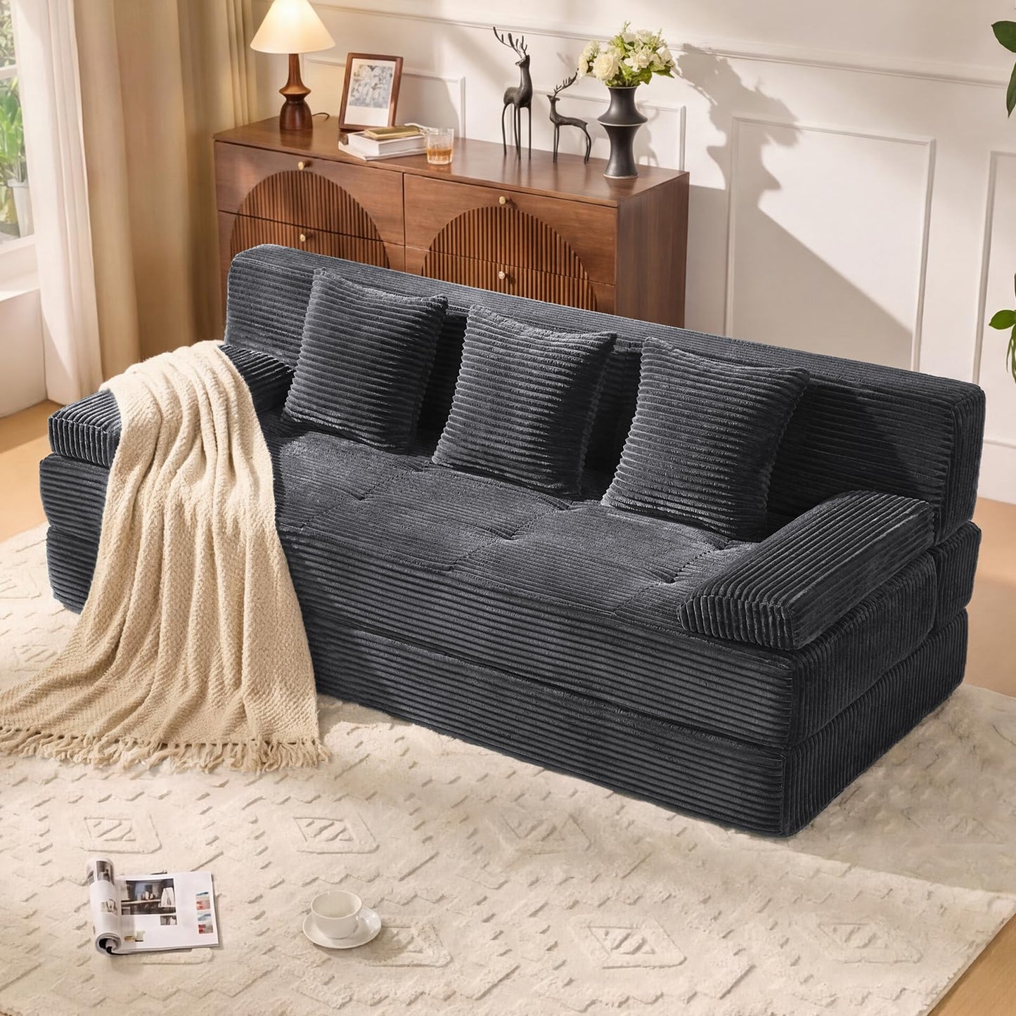 LOOMORA 78.7IN Folding Sofa Bed - Convertible Sleeper Sofa Couch with Removable Pillows, 3 Seater Couches Bed for Living Room, Bedroom, Apartment, No Assembly Required, Freestanding, Corduroy, Gray