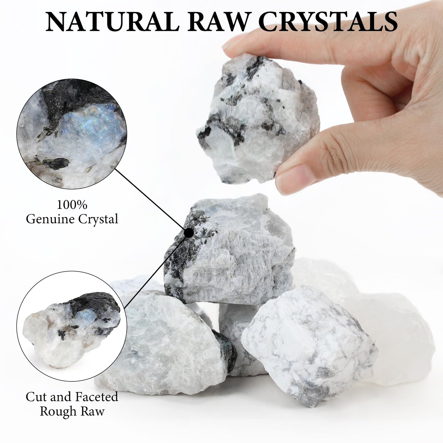 QINJIEJIE 1.8-2.2'' Rainbow Moonstone Raw Crystals 2PCS Natural Rough Healing Crystal Rocks Large Stones for Tumbling Cabbing Polishing Fountain Rocks Bulk DIY Decoration Gifts