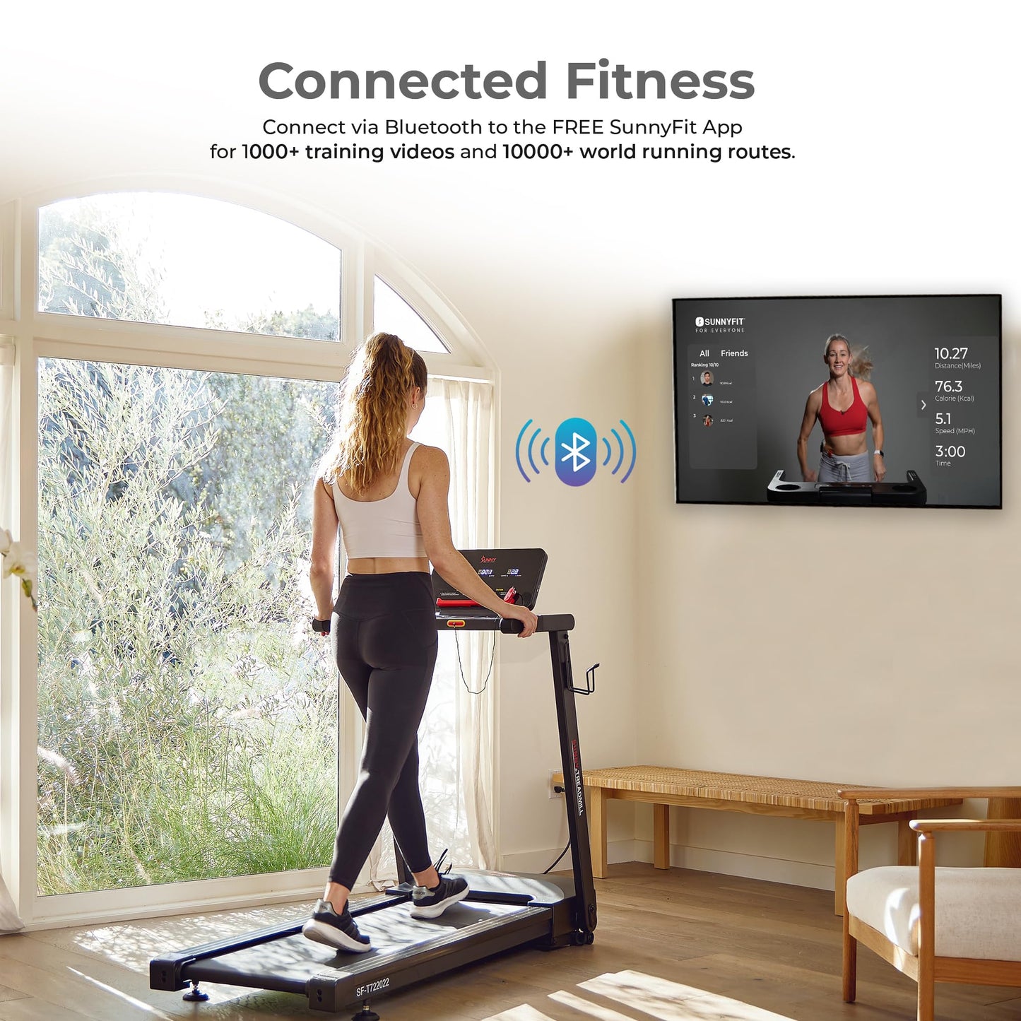 Sunny Health & Fitness Interactive Slim Folding Treadmill with Quiet Brushless, Shock Absorption, Digital Monitor, Free SunnyFit App Bluetooth Connectivity, Optional 12-Level Auto Incline