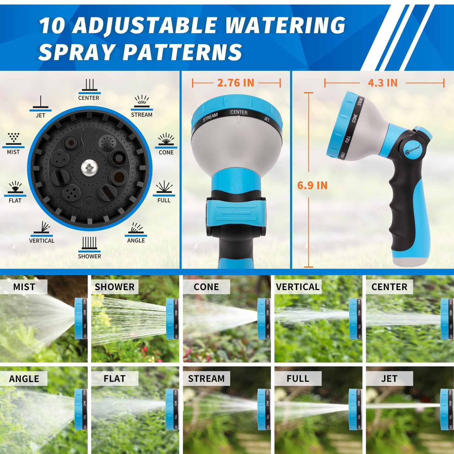 AUTOMAN Garden Hose Nozzle Sprayer - 10 Spray Patterns, 2 Pack Thumb Control Water Hose Nozzle Outdoor, Heavy Duty Spray Nozzles for Watering Garden, Cleaning Window, Washing Car, Showering Pets