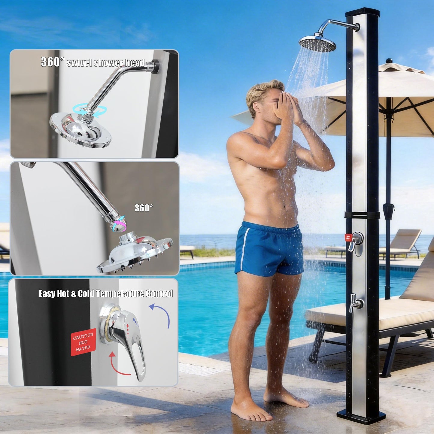 YOUZAQUA Solar Heated Shower,38L Outdoor Shower with Shower Head and Foot Shower Tap，for Outdoor Backyard Poolside Beach Pool Spa