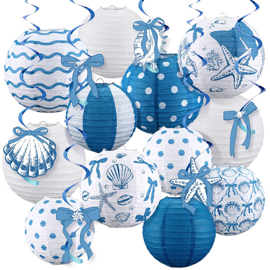 18 Pcs Summer Party Decorations Set Coastal Beach Seashell Paper Lanterns Blue Bow Starfish Hanging Swirls Ocean Nautical Pool Party Hanging Decor for Birthday Wedding Baby Shower Decor