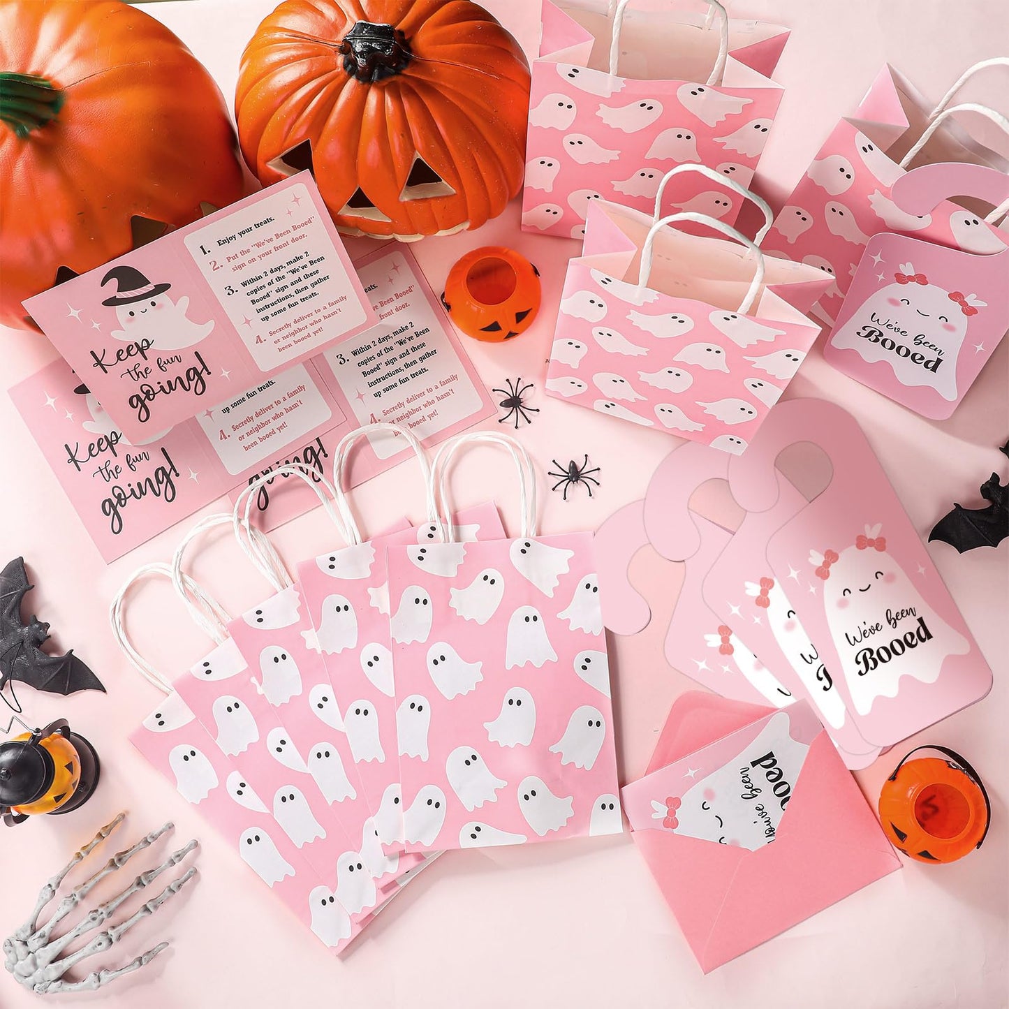 Resholder 24 Set Halloween You've Been Booed Ghost Paper Gift Treat Bag Kit with 24 Boo Gift Bags 24 Cardstock 24 We've Been Booed Doorknob Hangers 24 Envelopes for Neighbors Friends(Pink Ghost)