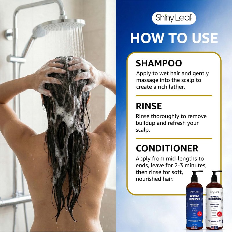 Shiny Leaf Peptide Shampoo and Conditioner Set - Biotin Hair Care with Caffeine & Saw Palmetto - Sulfate Free Thickening Formula for Men & Women - Safe for Color Treated Hair - 16 fl oz (Pack of 2)