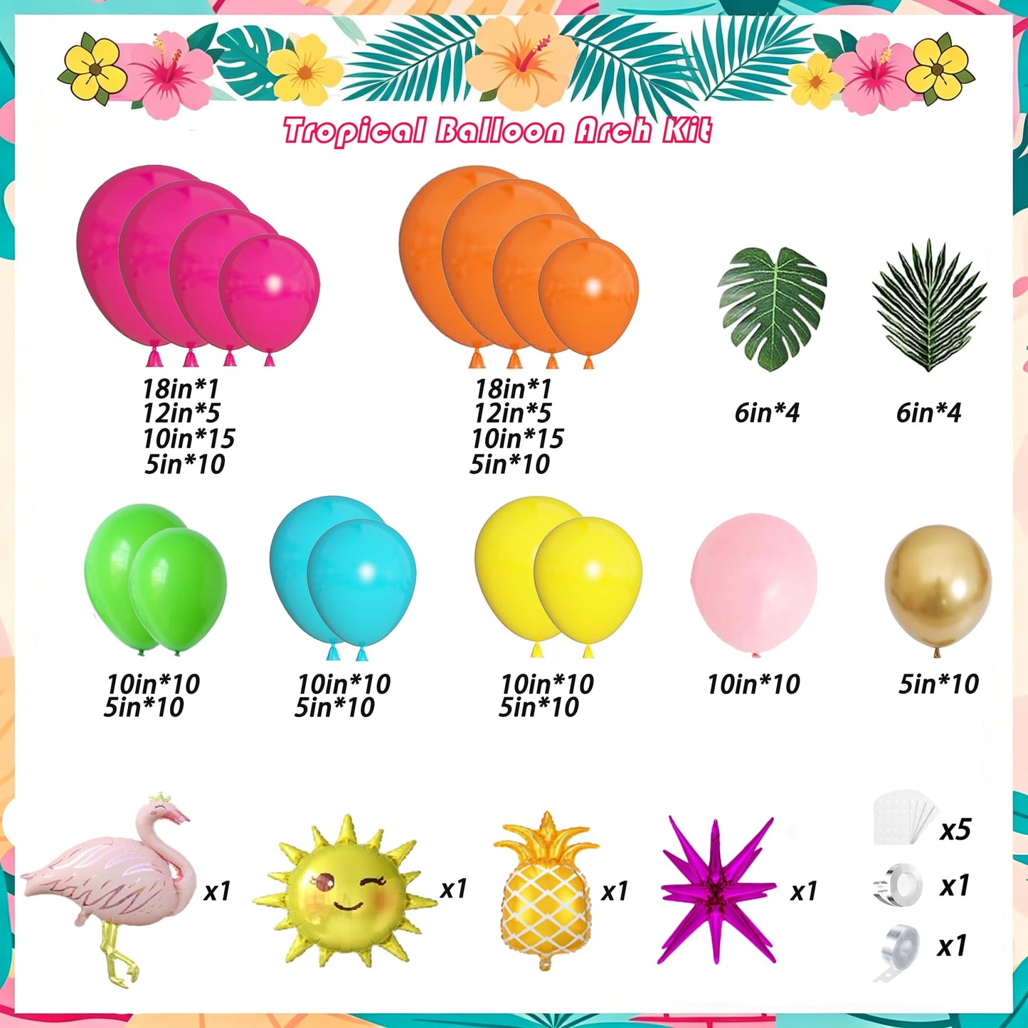 Flamingo Tropical Luau Balloon Arch Garland Kit, Hot Pink Green Yellow Blue Orange Gold Hawaiian Flamingo Pineapple Foil Balloons, Palm Leaves for Summer Beach Aloha Pool Birthday Party Decorations