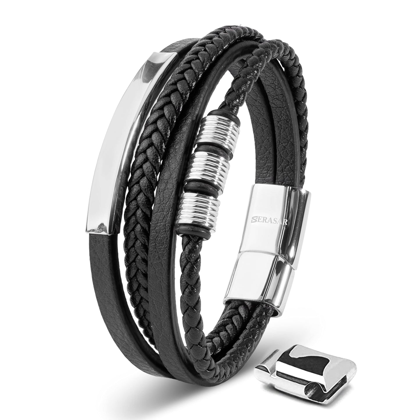 SERASAR Mens Silver Bracelets 23cm Bracelet Men Gift Box Genuine Leather Cowhide Braided Magnetic Clasp Multi Layer Wrap Rope Man Mans Male Band Jewelry Magnet Accessories