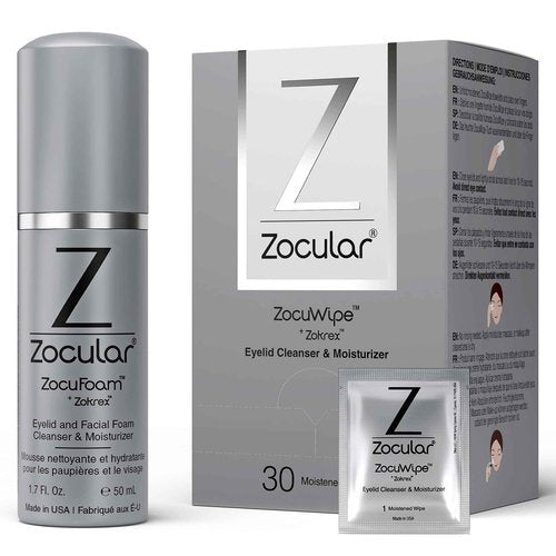 Zocuwipe Eyelid Wipes with Okra Complex - Eyelid Cleanser and Moisturizer Pads 30ct + Zocular ZocuFoam Eyelid Cleanser Bundle