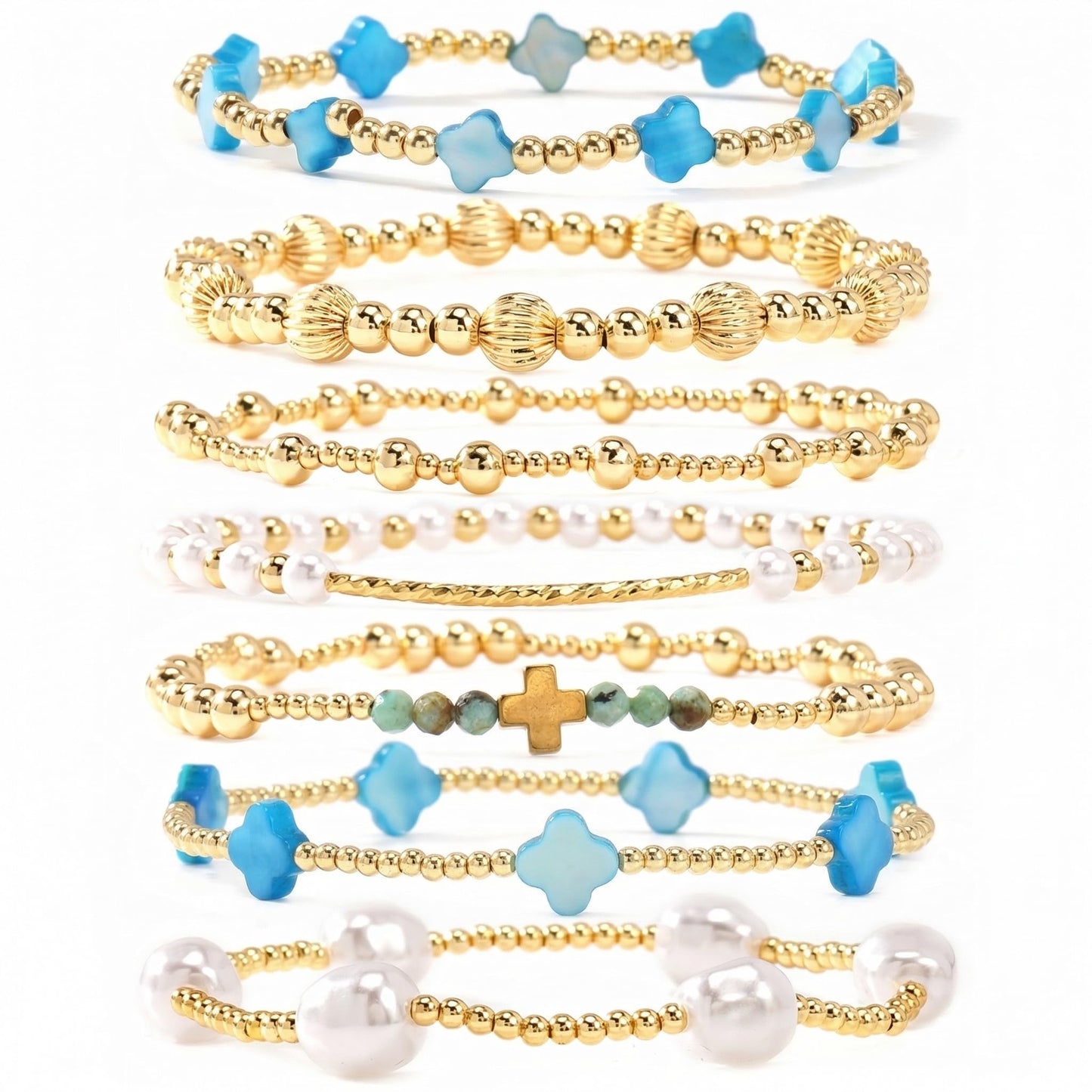 SHINUS BOHO 14K Gold Beaded Blue Clover Stackable Bracelets for Women,7PCS/Set Boho Cross Pearl Beads Stretch Bracelets Stack Fashion Holiday Birthday Prom Jewelry Accessories Gift Friendship Sister