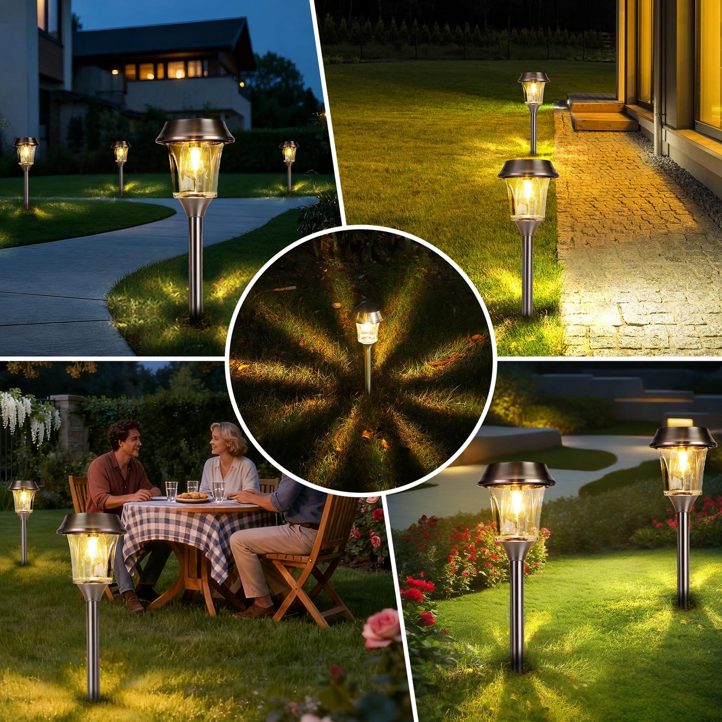 Solar Pathway Lights Outdoor 4 Pack, Stainless Steel & Glass Solar Garden Lights, Auto Dusk to Dawn IP65 Waterproof LED Path Lights for Yard, Lawn, Walkway, Driveway