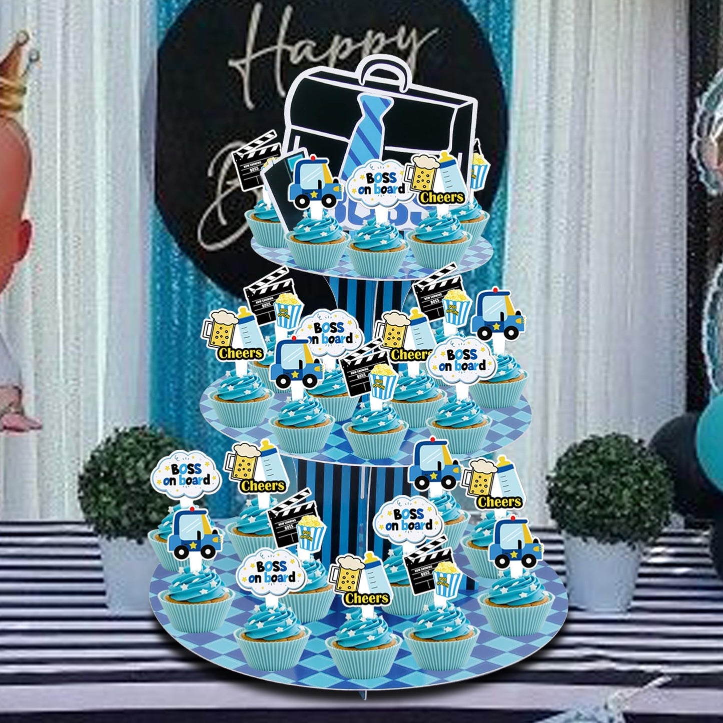 HAPPARTY Blue Black BOSS Theme 3-Tier Cupcake Stand 1PCS with 16PCS Cupcake Toppers, for Little Gentleman 1st 2nd Birthday Baby Shower Table Centerpiece Decorations