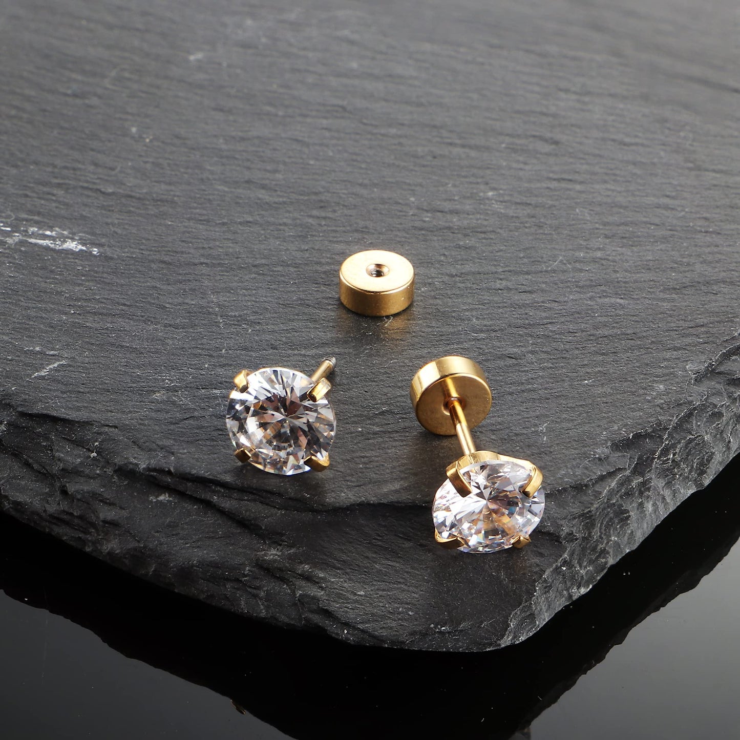 Fansilver 20G Hypoallergenic Flat Back Earrings for Women Men Silver 14K Gold Stainless Steel Stud Earrings Birthstone Cubic Zirconia Studs Surgical Steel Cartilage Earrings for Sensitive Ears