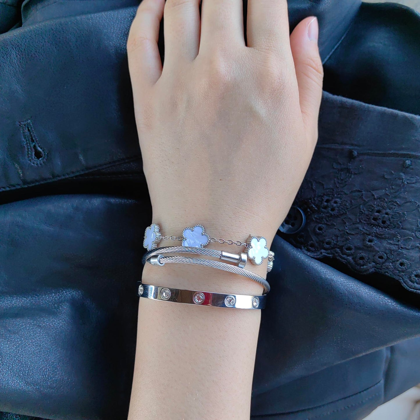 Jade cabbage Gold Bracelets for Women 18K Gold Plated Love Friendship Bracelet With Cubic Zirconia Cuff Bangle Jewelry Set Witness the Gift of Love (Silver 3pcs-A Large 7")