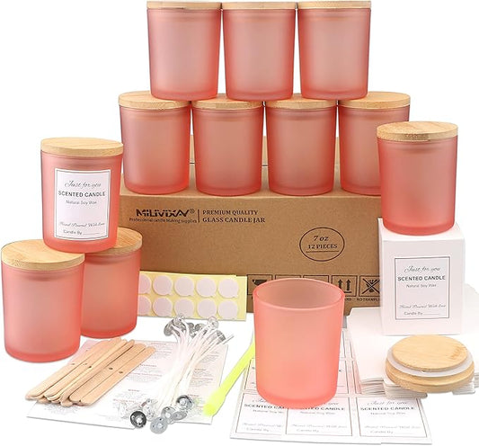MILIVIXAY 12 Pack 7 OZ Frosted Pink Glass Candle Jars with Lids and Candle Making Kits - Bulk Empty Candle Jars for Making Candles - Spice, Powder Containers.