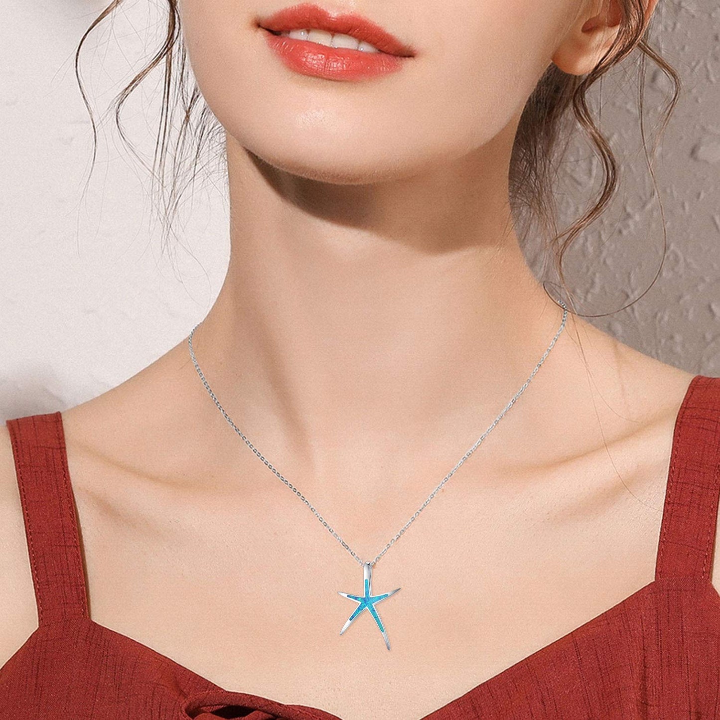 Cuoka Starfish Necklace, 925 Sterling Silver with Blue Opal, Hawaiian Beach Nautical Ocean Pendant, Starfish Jewelry Opal Jewelry for Women Girlfriend