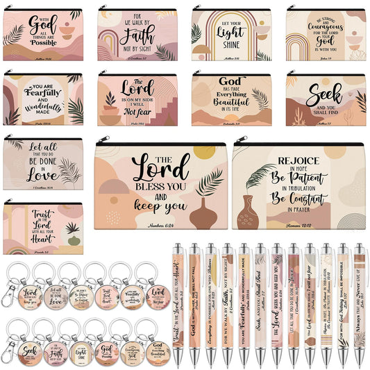 Moinchore 36 Pcs Christian Gifts for Women Bulk Christian Makeup Bags Religious Keychain Bible Verse Pen Faith Inspirational Quotes Cosmetic Bag Pencil Pouch for Mother's Day Church Charity Supplies