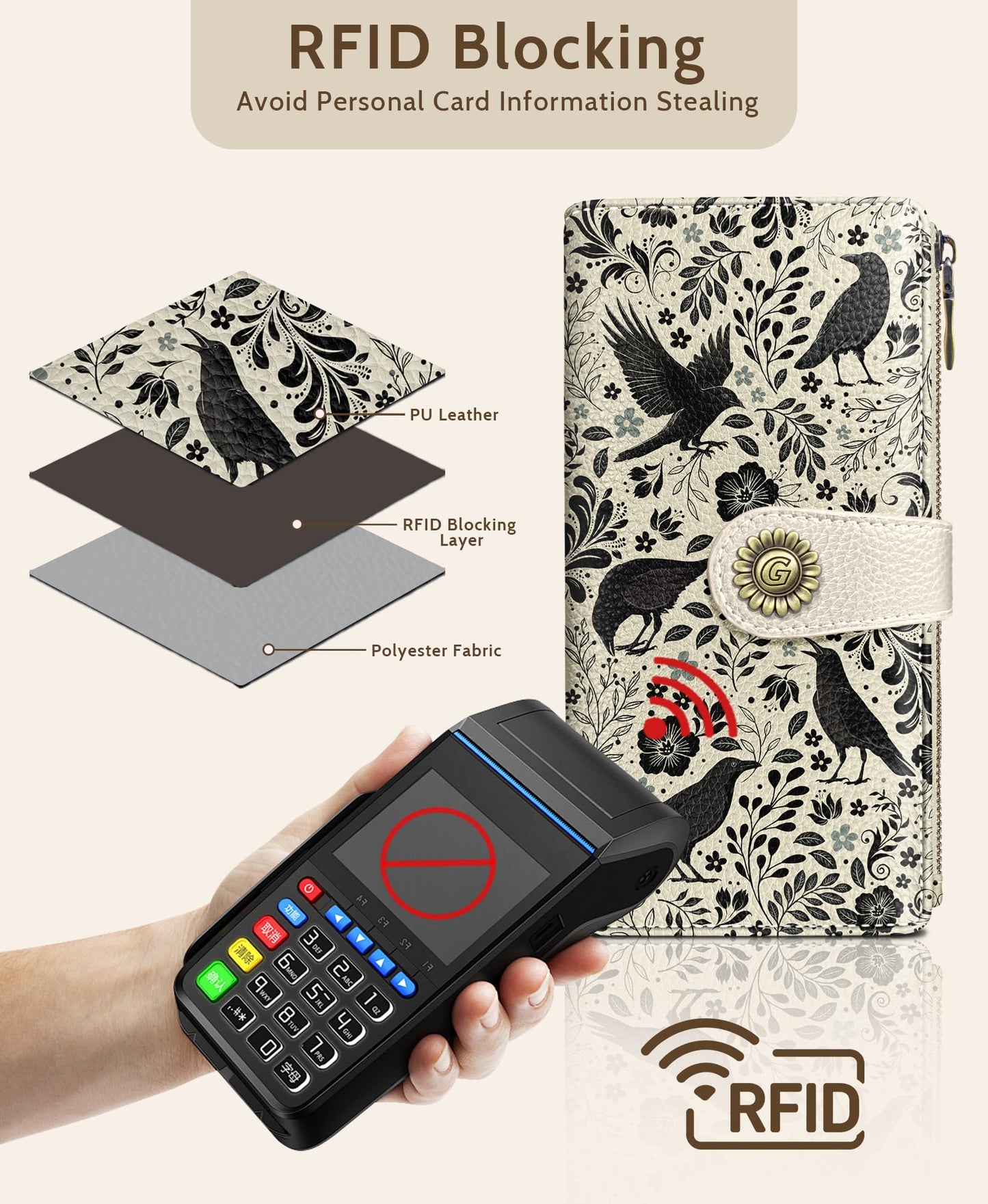 GIANCOMICS Crow Womens Wallet RFID Blocking, Flower Credit Card Holder Bifold, PU Leather Travel Billfold, Long Cute Cash Purse, Zipper Coin Pocket Clutch, ID Window, 11 Card Slot, Ladies Gift Woman