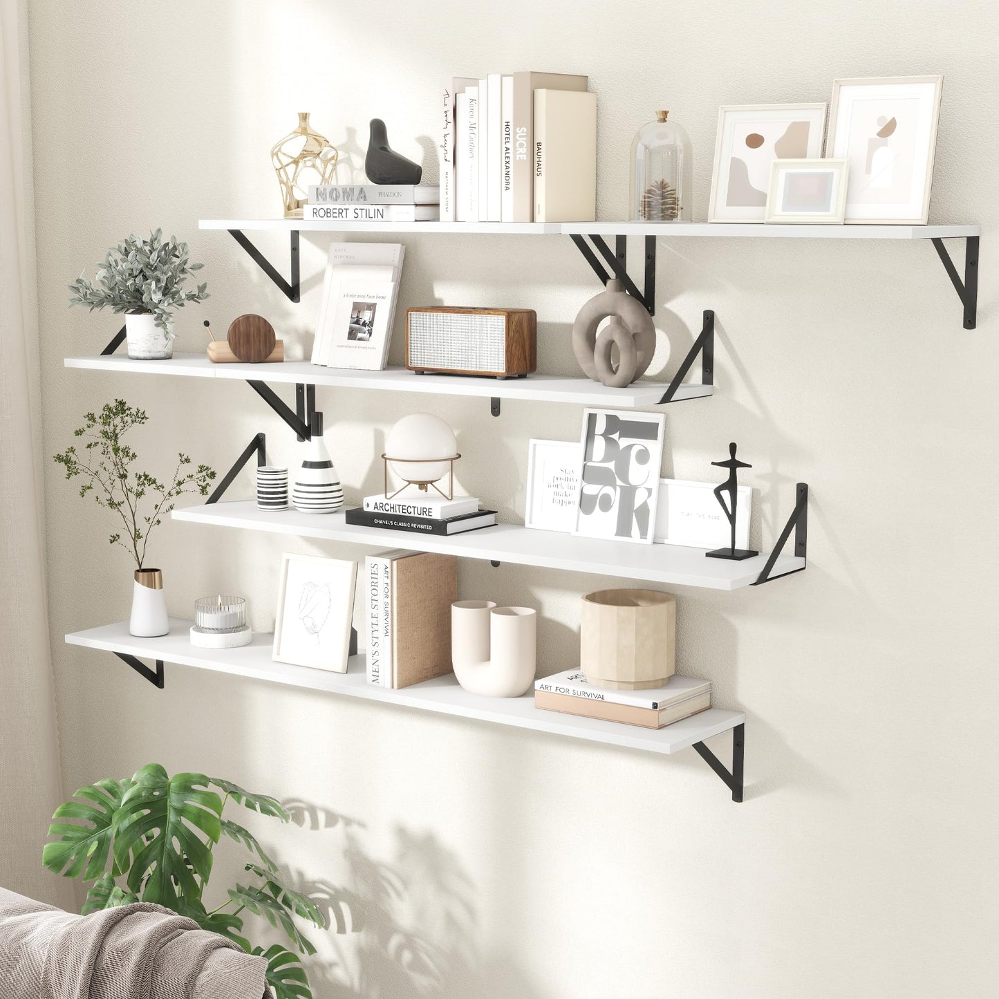 Acovy Floating Shelves for Wall Decor,24" Wx8 D Wall Mount Floating Bookshelf Set of 2,Hanging Storage Shelf with Sturdy Metal Brackets,Wooden Shelf for Living Room,Bedroom,Bathroom,White