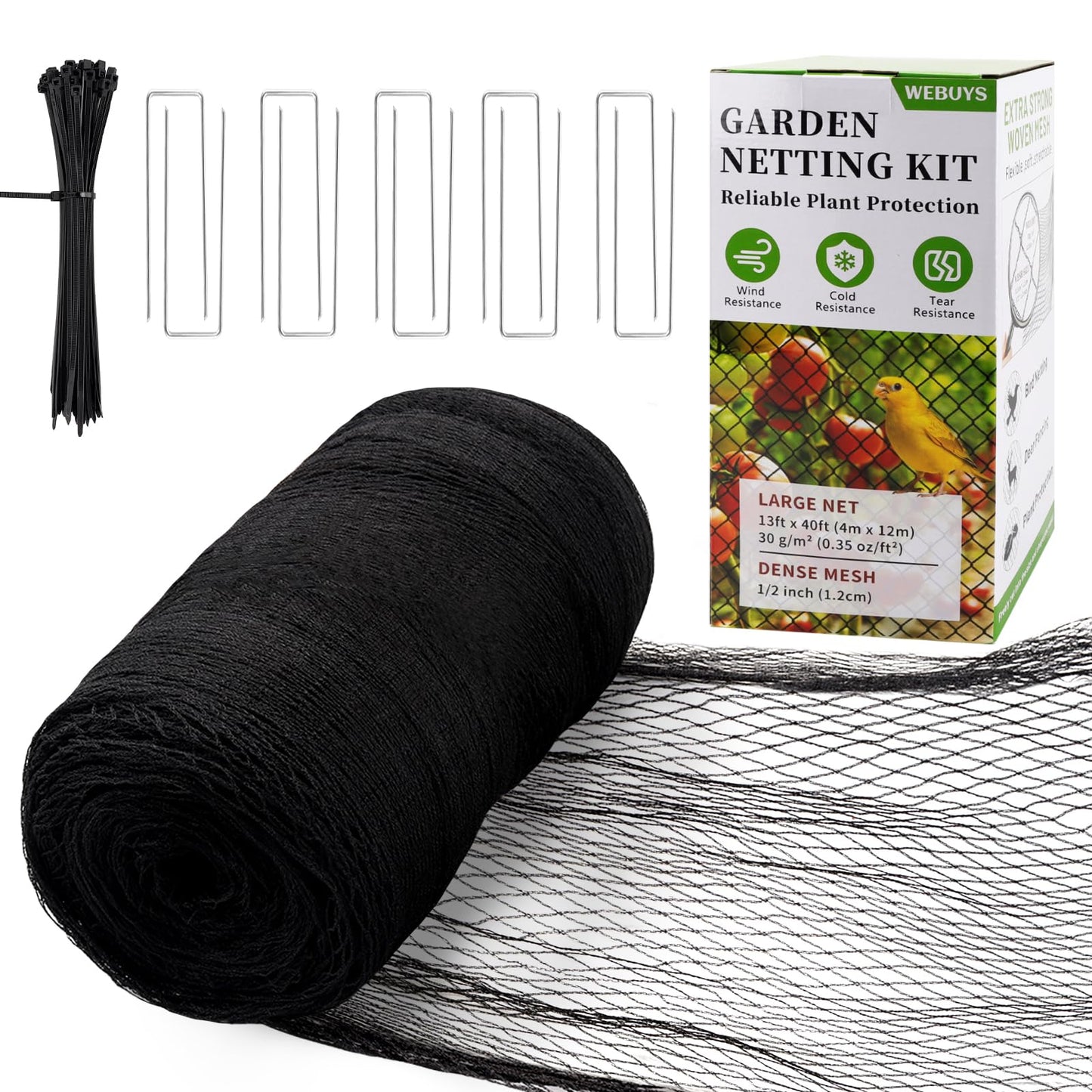 Webuys Bird Netting for Garden Protection - 13 x 40 FT Heavy Duty Poultry Bird Netting for Chicken Coop with Ties & Staples, Garden Net Mesh for Fruit Trees Plants Vegetables Against Birds Deer
