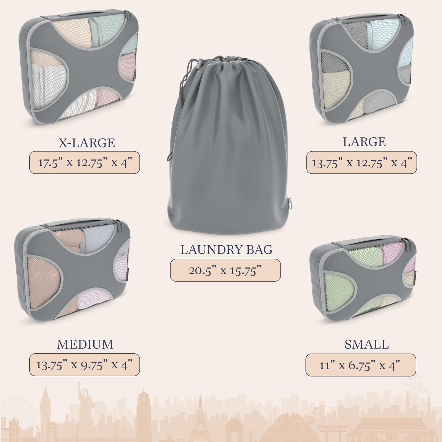 Shacke Packing Cubes for Travel 5 Set - Premium Luggage Organizer Bags - Versatile Travel Organizer for Women and Men - Optimized Packing Bags - Travel Essentials (Charcoal Gray)