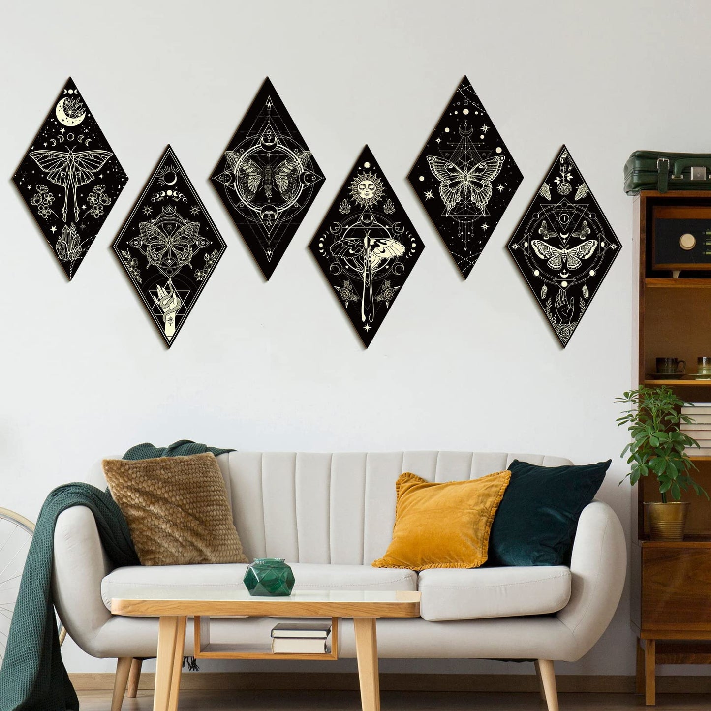 Sintuff 6 Pieces Gothic Wall Decor Boho Sun Moon Phases Wall Art Gothic Minimalist Stars Sun Hanging Wooden Home Decor Farmhouse Pediments for Gallery Living Bedroom Room(Mysterious)