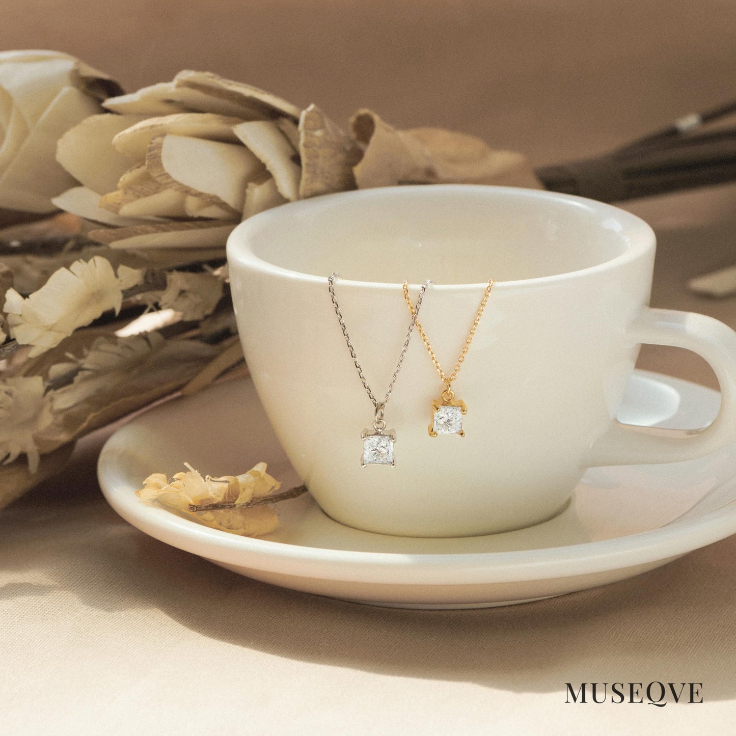 14K Gold Plated CZ Solitaire Necklace for Women • Princess Cut Square Rectangle Rhombus Cubic Zirconia Diamond Pendant Jewelry • Tarnish Free Adjustable Chain [CZN] (Rose Gift Box, Princess-Gold)