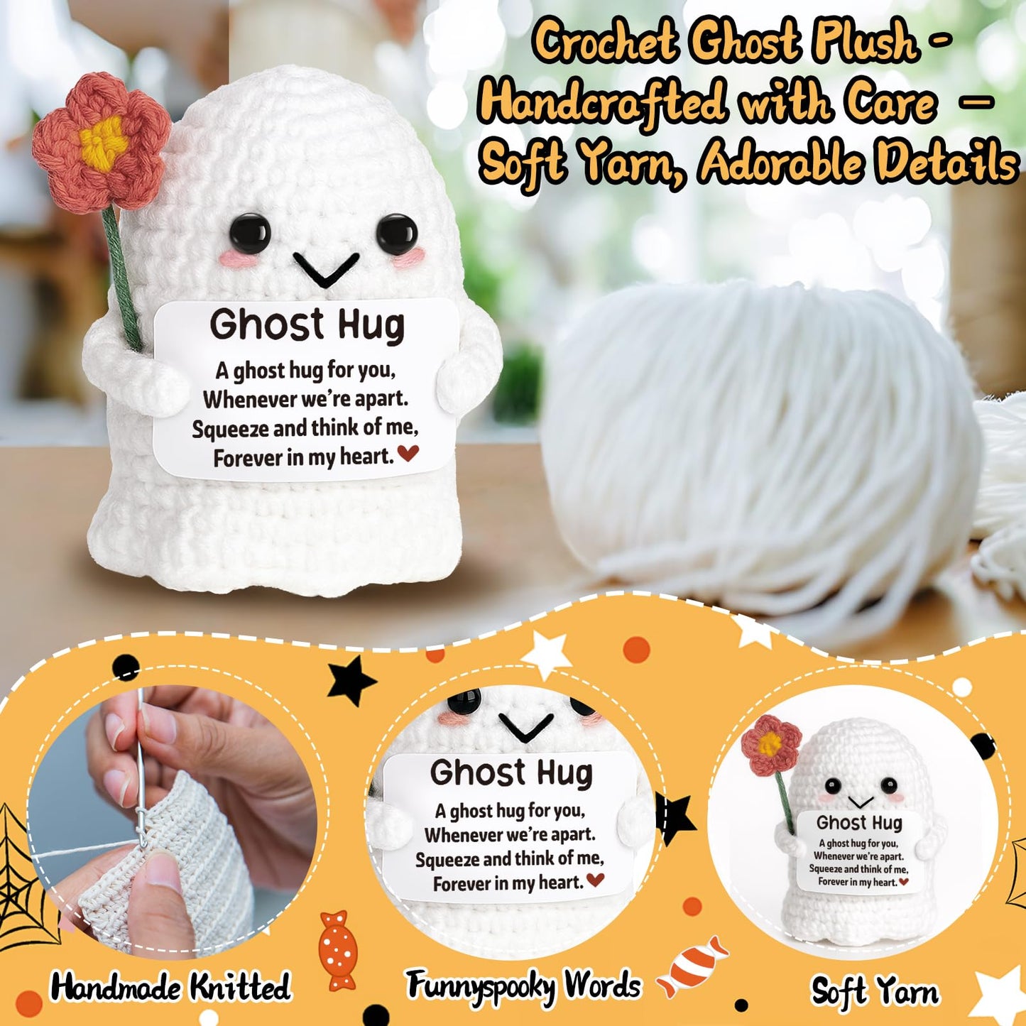 Unique Friendship Birthday Gift for Bestie Her Him – Long Distance Thinking of You Gift for Women Men – Handmade Crochet Ghost Hug Ornament Thoughtful Boo Spooky Relationship Decor for Goodbye