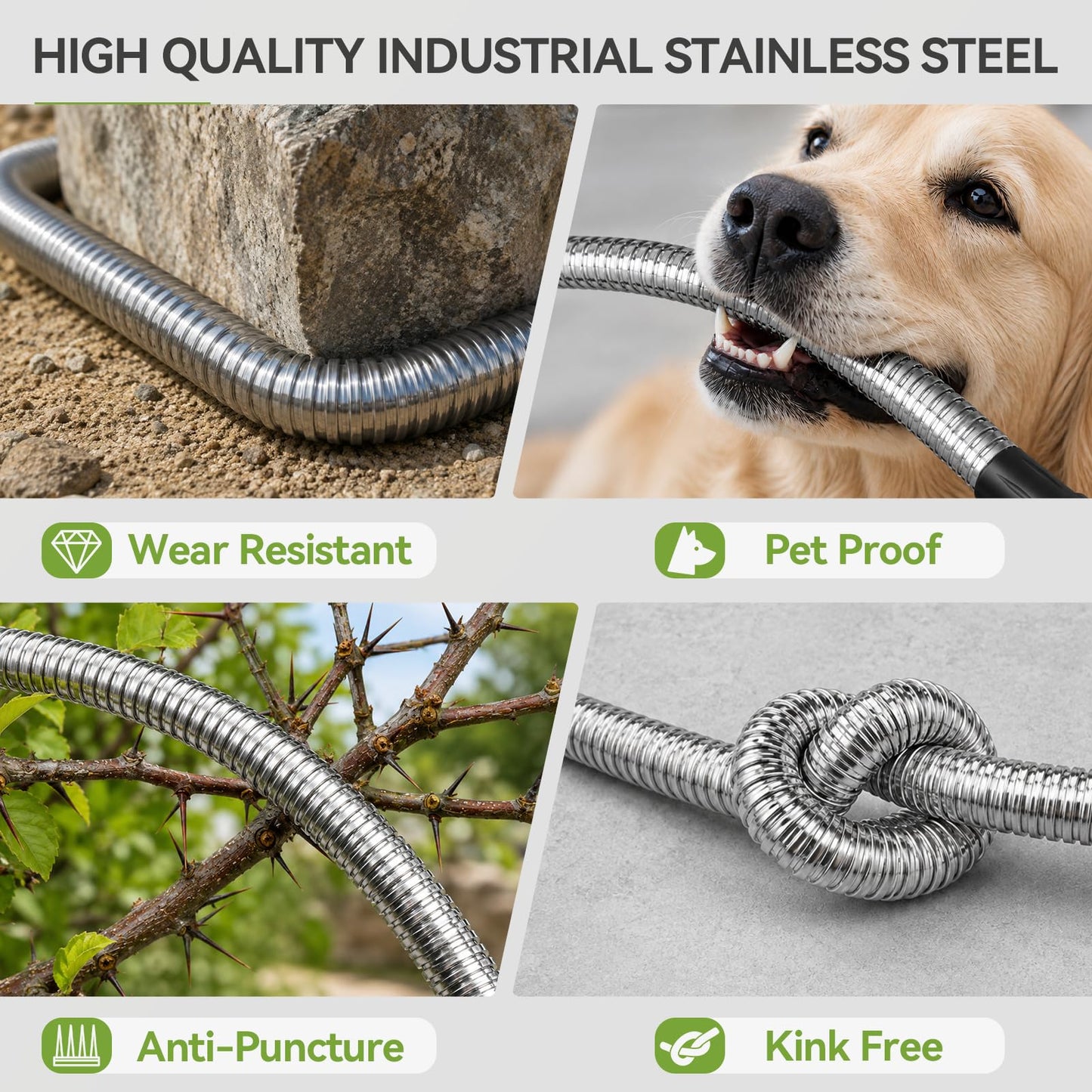 SPECILITE Expandable Garden Hose 100 FT, 304 Stainless Steel Heavy Duty Metal Water Pipe with Adjustable Nozzle - Flexible, Kink Free, Leak-Proof, Lightweight, for Outdoor, Yard, Lawn, Car Washing
