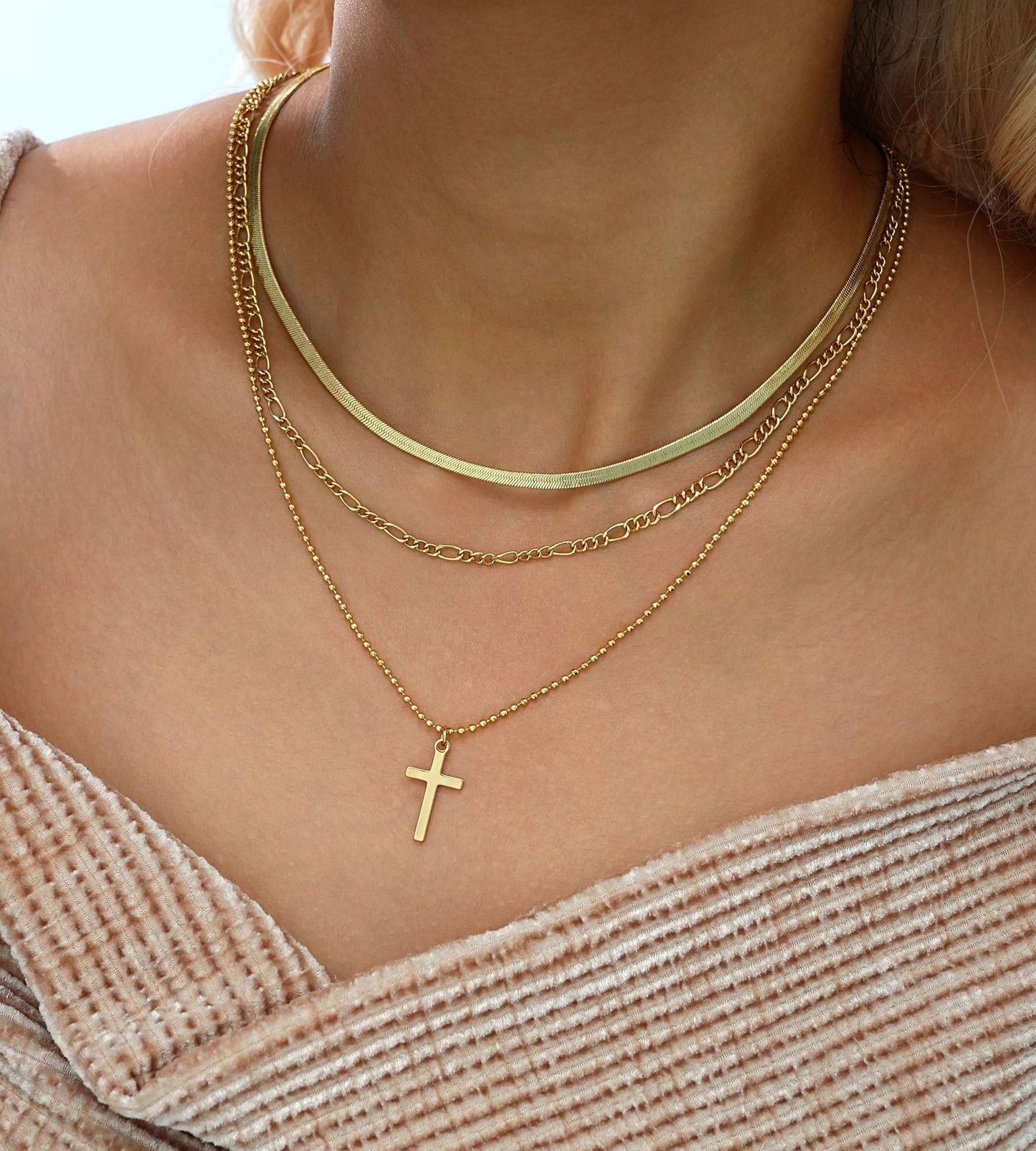 3PCS Layered Gold Cross Necklaces for Women Trendy, Bohemian Bead Pearl Y Long Pendant Necklace Set, Vintage Rosary Necklace Stack Adjustable Length