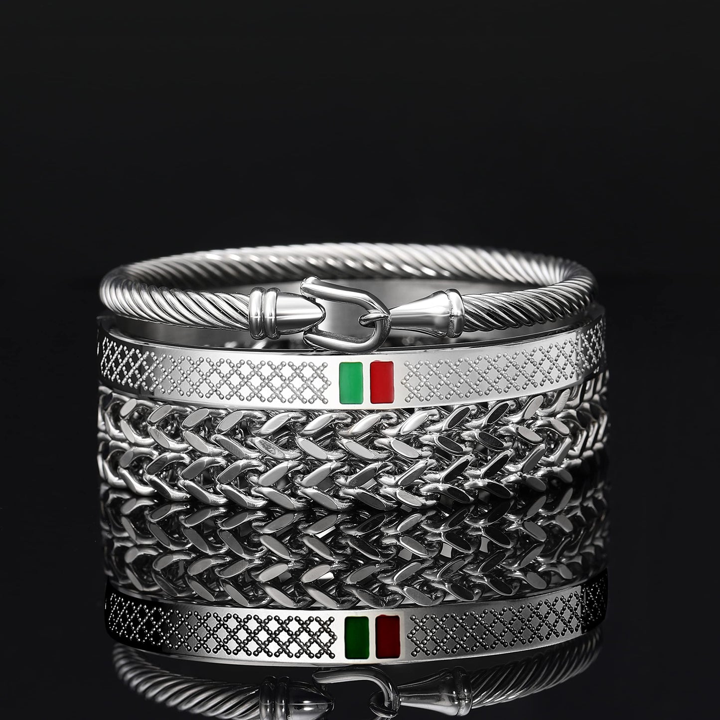 WFYOU 3PCS Stainless Steel Bracelets for Men Gold Roman Numeral Bangle Bracelet Twisted Cable Bracelet Adjustable Cuff Bracelet Mens Luxury Jewelry Bracelets Gifts(K:Silver)