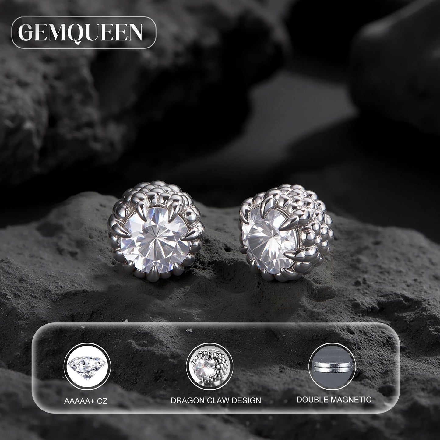 GEMQUEEN Magnetic Earrings for Men Women - 5A Shiny CZ Dragon Claw Punk Hypoallergenic Stainless Steel Non Piercing Clip on Fake Earrings Studs Silver 6.5MM Not Easy to Fall