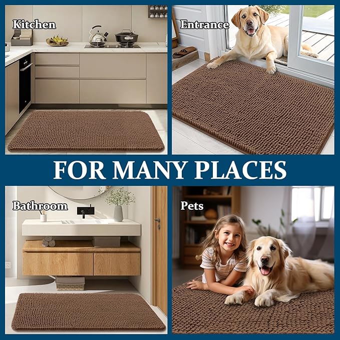 OLANLY Dog Door Mat for Muddy Paws 50x30, Absorbs Moisture and Dirt, Absorbent Non-Slip Washable Doormat, Quick Dry Chenille Mud Mat for Dogs, Entry Indoor Entryway Carpet for Inside Floor, Mocha